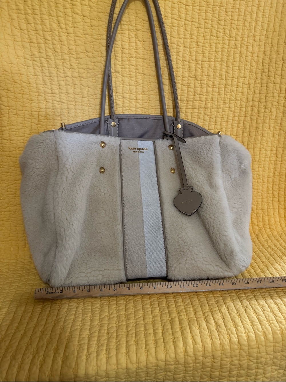 kate spade Cream and Taupe Faux Fur Tote with Heart Charm